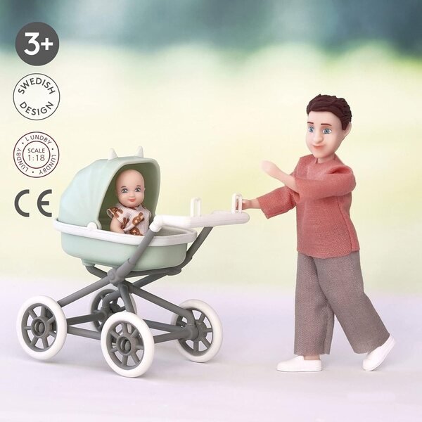 Lundby Set Bambole con Baby e Carrozzina per Casa delle Bambole in Scala 1:18