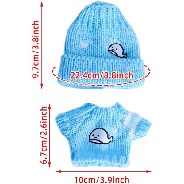 Niannyyhouse-Kleidungsset für 10–15 cm große Plüschpuppen mit Blauwal-Mütze und Pullover