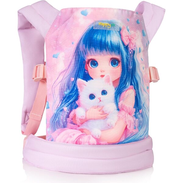 HappyVk Porta Bambole Rosa con Ricamo Gatto, Marsupio Regolabile e Imbottito per Bambini