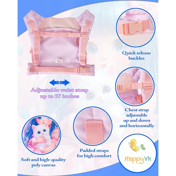 HappyVk Porta Bambole Rosa con Ricamo Gatto, Marsupio Regolabile e Imbottito per Bambini