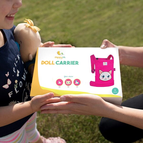 HappyVk Porta Bambole Rosa con Ricamo Gatto, Marsupio Regolabile e Imbottito per Bambini