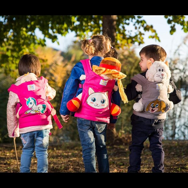 HappyVk Porta Bambole Rosa con Ricamo Gatto, Marsupio Regolabile e Imbottito per Bambini