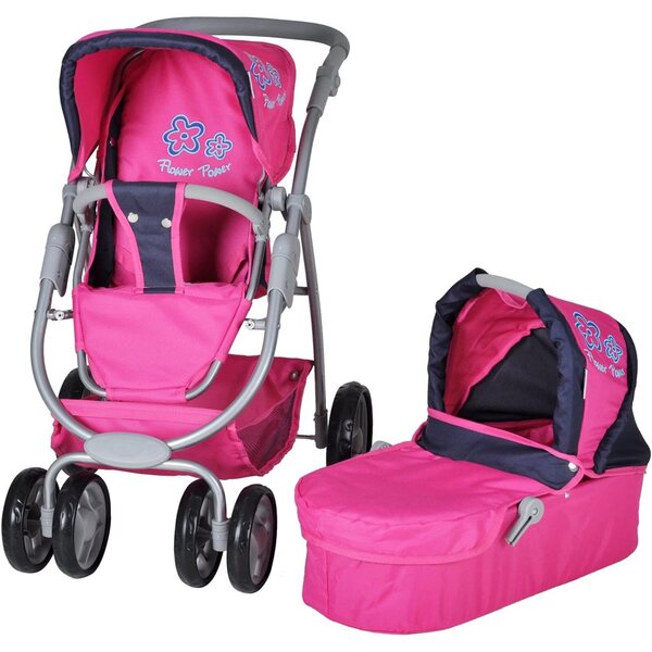 Carrozzina Kombiwagen Coco Rosa per Bambole con Maniglione Regolabile e Navicella