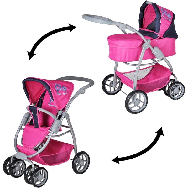 Carrozzina Kombiwagen Coco Rosa per Bambole con Maniglione Regolabile e Navicella
