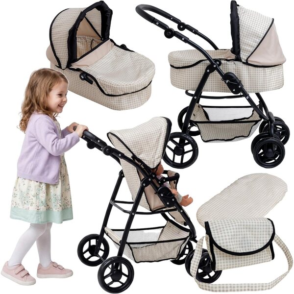 Doris Großer beige karierter multifunktionaler Puppenwagen mit verstellbarem Griff