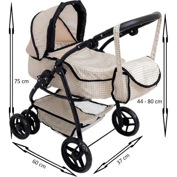 Doris Großer beige karierter multifunktionaler Puppenwagen mit verstellbarem Griff