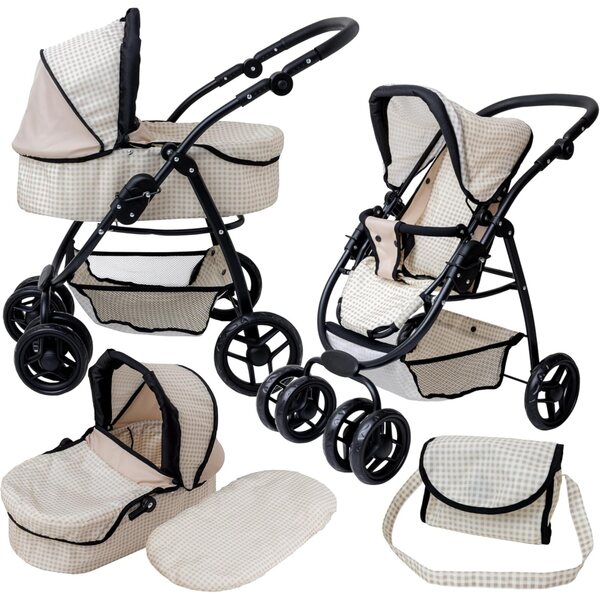 Doris Großer beige karierter multifunktionaler Puppenwagen mit verstellbarem Griff