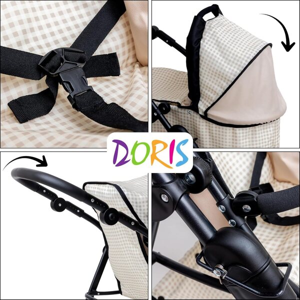 Doris Großer beige karierter multifunktionaler Puppenwagen mit verstellbarem Griff