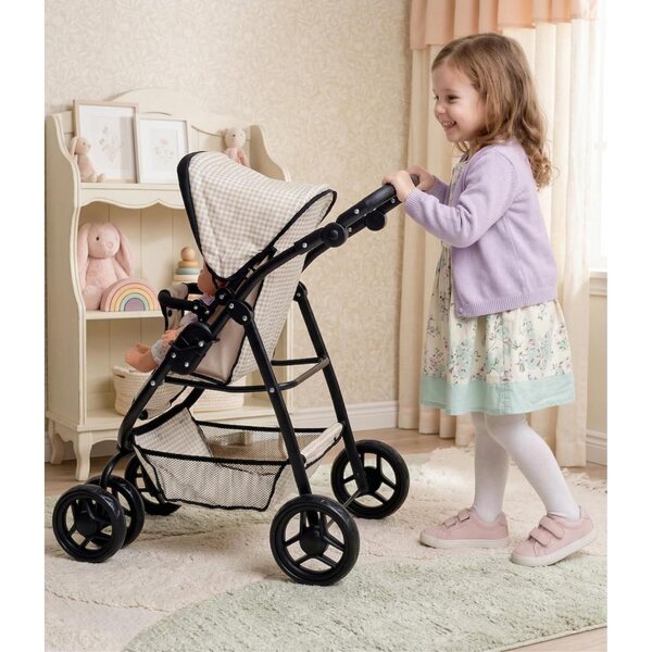 Doris Großer beige karierter multifunktionaler Puppenwagen mit verstellbarem Griff