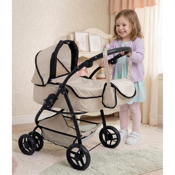 Doris Großer beige karierter multifunktionaler Puppenwagen mit verstellbarem Griff