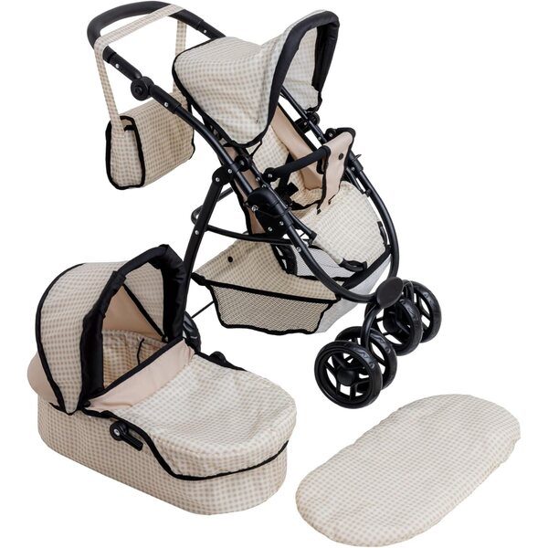 Doris Großer beige karierter multifunktionaler Puppenwagen mit verstellbarem Griff