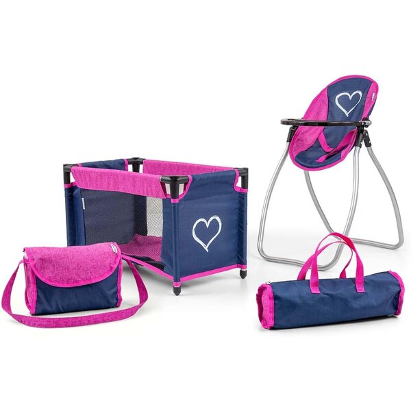 Elsa Milly Mally Puppenset mit Kinderbett, 3-in-1-Hochstuhl und marineblauer Zubehörtasche