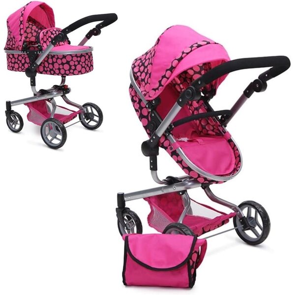 Passeggino per bambola Moni Bella 9695 con sedile sportivo e borsa accessori rosa