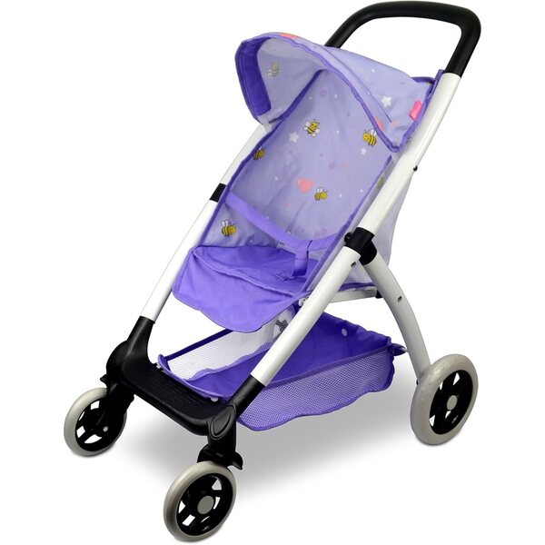 Lila Regenschirm-Kinderwagen für Puppen bis 18 Zoll mit Korb und leisen Rädern