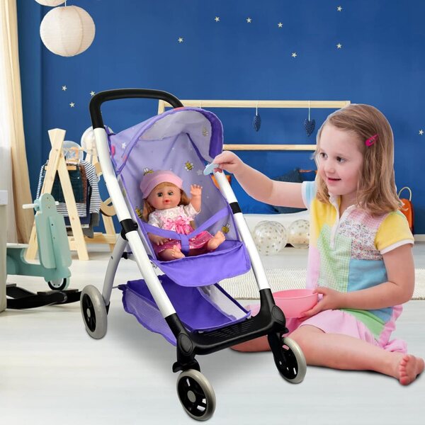 Lila Regenschirm-Kinderwagen für Puppen bis 18 Zoll mit Korb und leisen Rädern