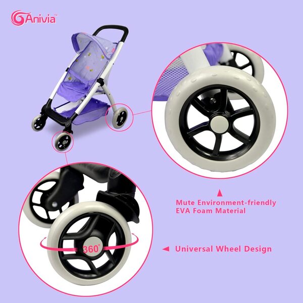 Lila Regenschirm-Kinderwagen für Puppen bis 18 Zoll mit Korb und leisen Rädern