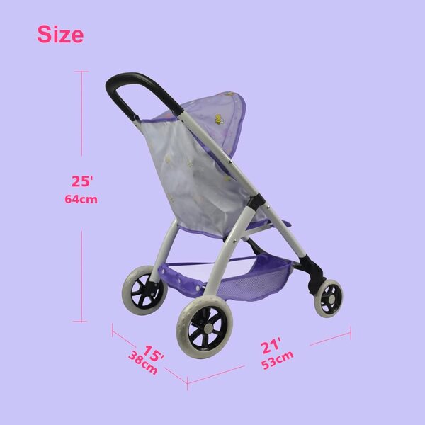 Lila Regenschirm-Kinderwagen für Puppen bis 18 Zoll mit Korb und leisen Rädern