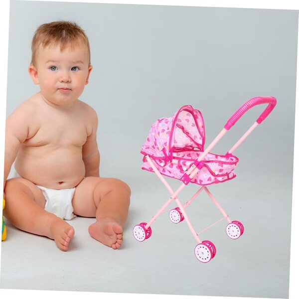 WOONEKY Rosa zusammenklappbarer Kinderwagen für Mädchen, realistisch und tragbar für Rollenspiele