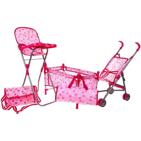 BSD Babypuppen-Zubehörset mit Wiege, Hochstuhl, Kinderwagen und Kindertaschen