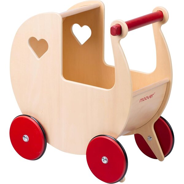 Moover Passeggino in Legno Naturale e Rosso Ciliegia per Bambole, Design Danese