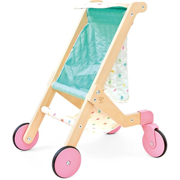 Sweet Walks Puppenwagen aus Holz mit drehbaren Rädern und Stoffbezug