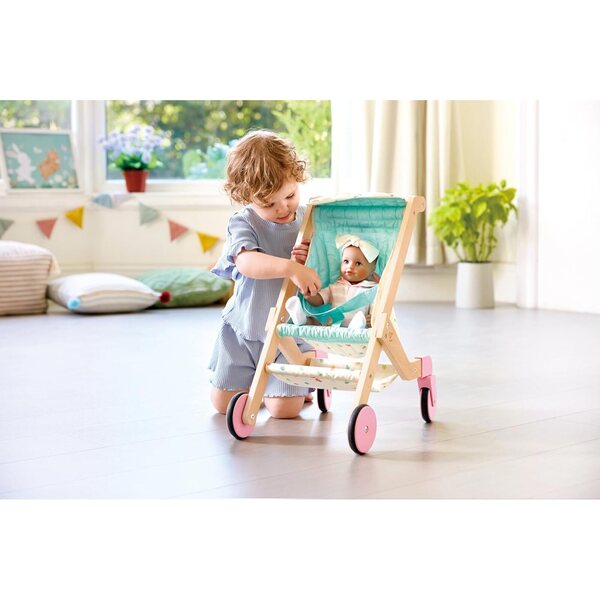 Sweet Walks Puppenwagen aus Holz mit drehbaren Rädern und Stoffbezug