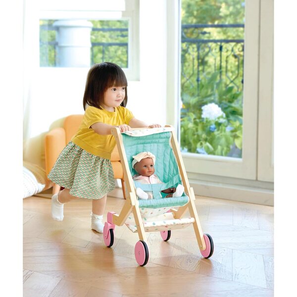 Sweet Walks Puppenwagen aus Holz mit drehbaren Rädern und Stoffbezug