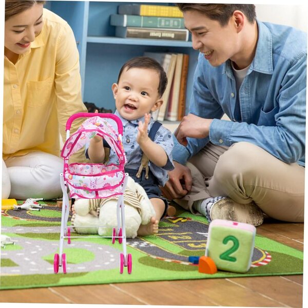 Realistischer und leichter rosafarbener Puppenwagen zum Spielen für Kinder