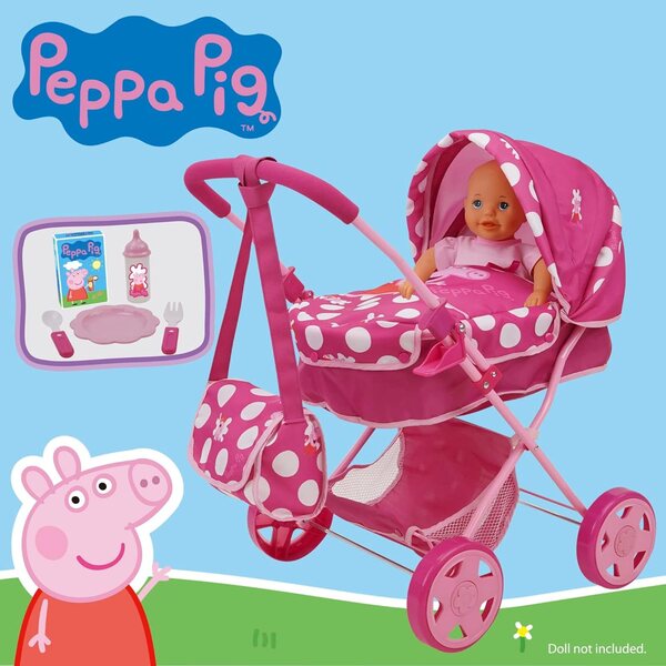 Peppa Pig Baby Classic: 7-teiliges Kinderwagenset mit Babynahrungszubehör für Puppen bis 61 cm