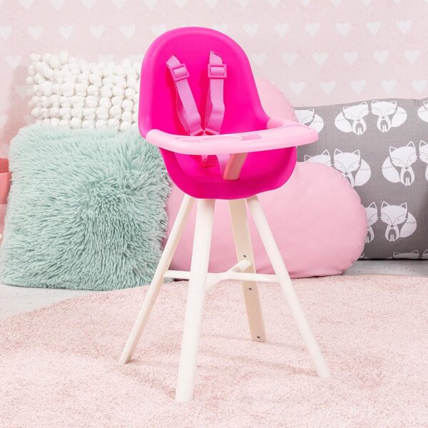 Rosafarbener Puppenhochstuhl mit verstellbarem Gurt und integriertem Tablett, bis 46 cm