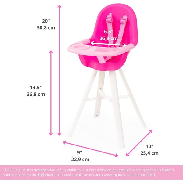 Rosafarbener Puppenhochstuhl mit verstellbarem Gurt und integriertem Tablett, bis 46 cm