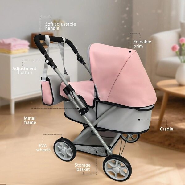 Zero Pam Puppenwagen mit Zubehör, klappbarem und verstellbarem Griff