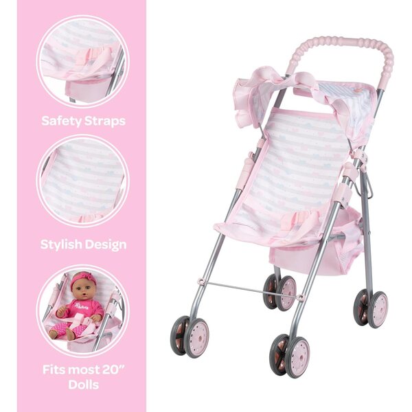 Adora Mittelgroßer rosa Regenschirm-Kinderwagen für Puppen bis 20 Zoll mit Sicherheitsgurt