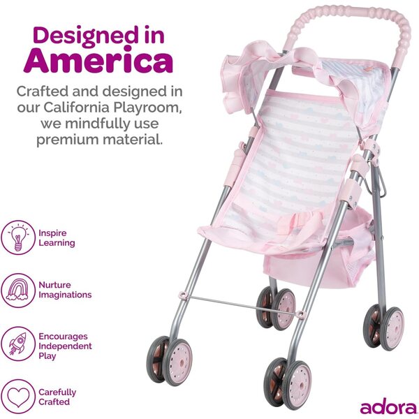 Adora Mittelgroßer rosa Regenschirm-Kinderwagen für Puppen bis 20 Zoll mit Sicherheitsgurt