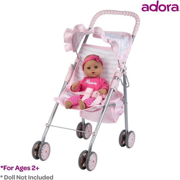 Adora Mittelgroßer rosa Regenschirm-Kinderwagen für Puppen bis 20 Zoll mit Sicherheitsgurt