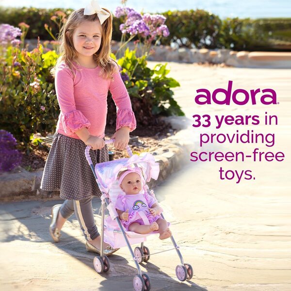 Adora Mittelgroßer rosa Regenschirm-Kinderwagen für Puppen bis 20 Zoll mit Sicherheitsgurt