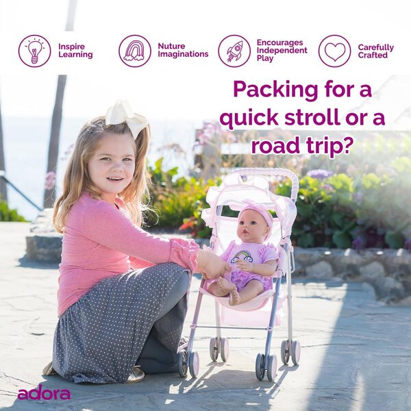 Adora Mittelgroßer rosa Regenschirm-Kinderwagen für Puppen bis 20 Zoll mit Sicherheitsgurt