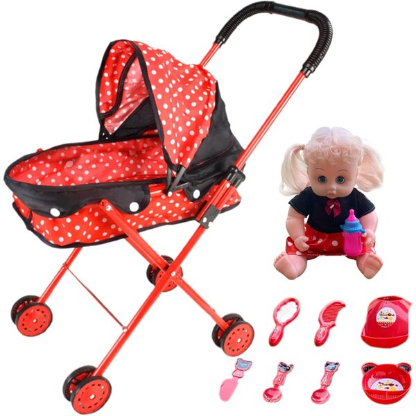 Baby Doll con passeggino in metallo e 8 accessori, bambola con suono realistico per giochi di ruolo