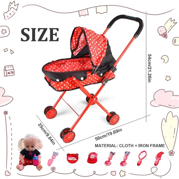 Baby Doll con passeggino in metallo e 8 accessori, bambola con suono realistico per giochi di ruolo