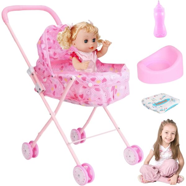 Set passeggino per bambole pieghevole con bambola e accessori - gioco educativo e simulazione
