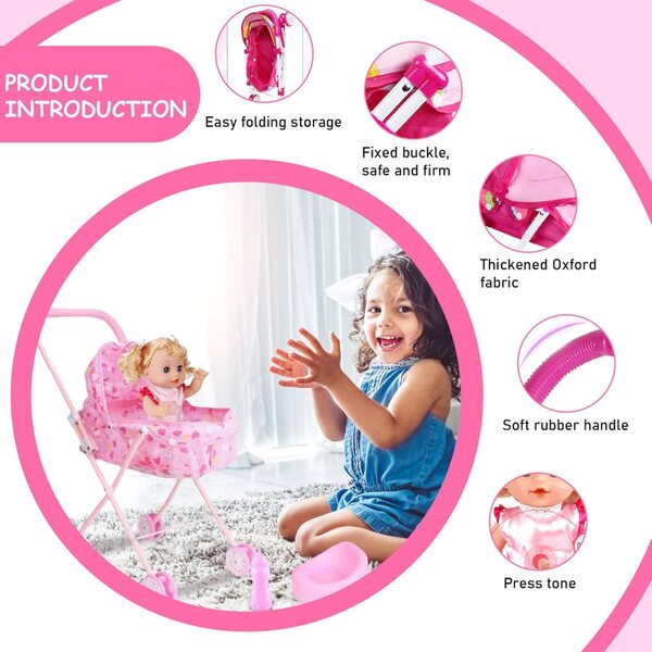 Set passeggino per bambole pieghevole con bambola e accessori - gioco educativo e simulazione