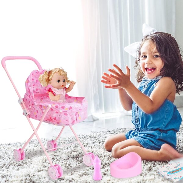 Set passeggino per bambole pieghevole con bambola e accessori - gioco educativo e simulazione