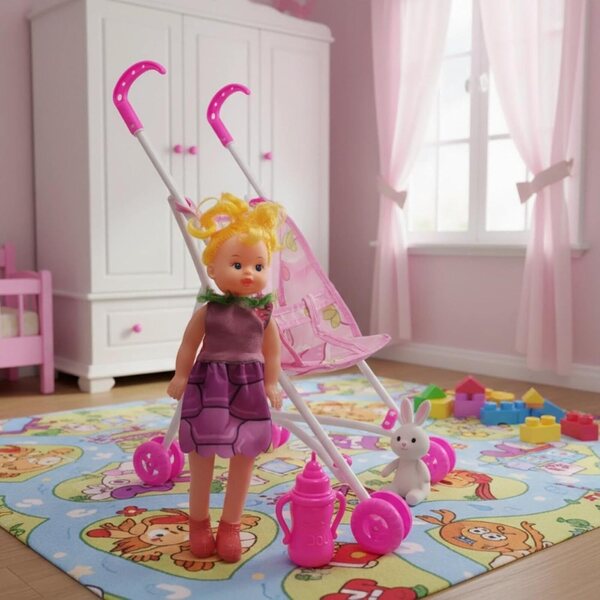 Leichter zusammenklappbarer Puppenwagen mit Puppe im Lieferumfang enthalten, Simulationsspiel für Kinder