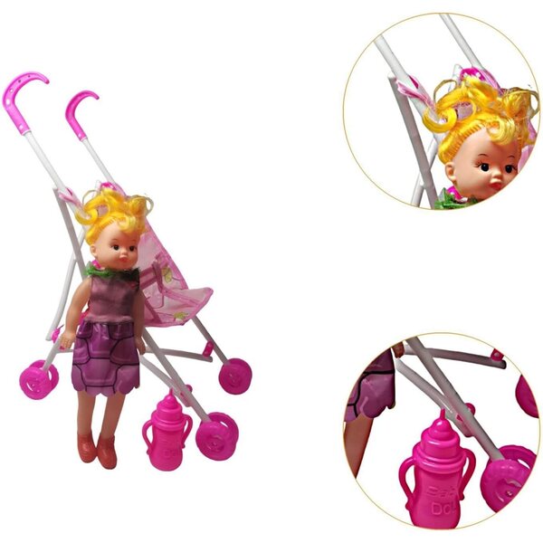 Leichter zusammenklappbarer Puppenwagen mit Puppe im Lieferumfang enthalten, Simulationsspiel für Kinder