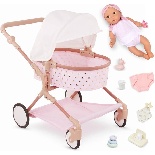 LullaBaby Doppel-Kinderwagen-Set für Puppen mit Zubehör und faltbarem Verdeck
