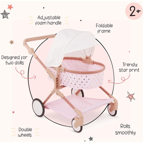 LullaBaby Doppel-Kinderwagen-Set für Puppen mit Zubehör und faltbarem Verdeck