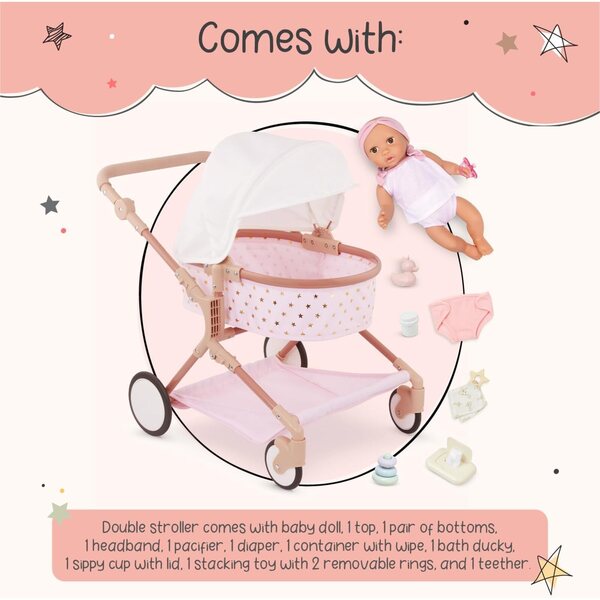 LullaBaby Doppel-Kinderwagen-Set für Puppen mit Zubehör und faltbarem Verdeck