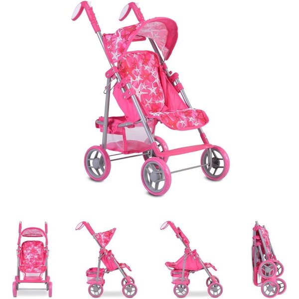 Carrozzina per Bambole Moni Stars 9351 Rosa Pieghevole con Schienale e Maniglie Regolabili