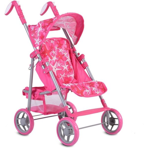 Carrozzina per Bambole Moni Stars 9351 Rosa Pieghevole con Schienale e Maniglie Regolabili