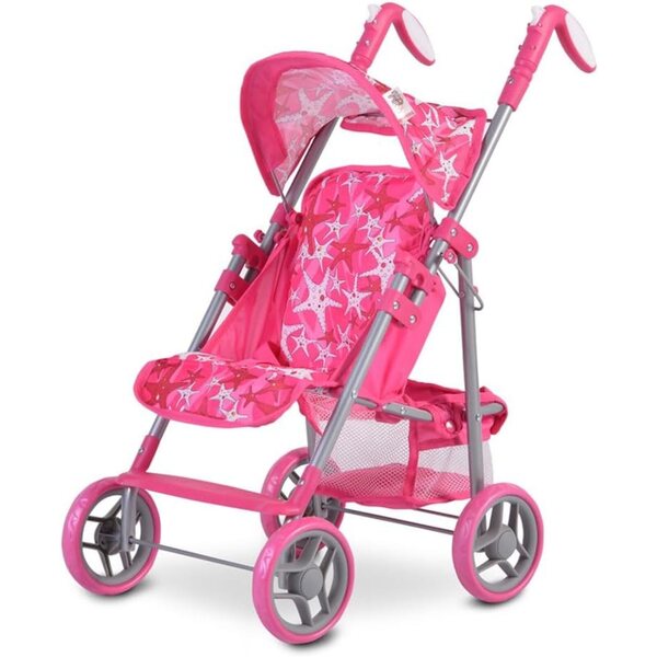 Carrozzina per Bambole Moni Stars 9351 Rosa Pieghevole con Schienale e Maniglie Regolabili